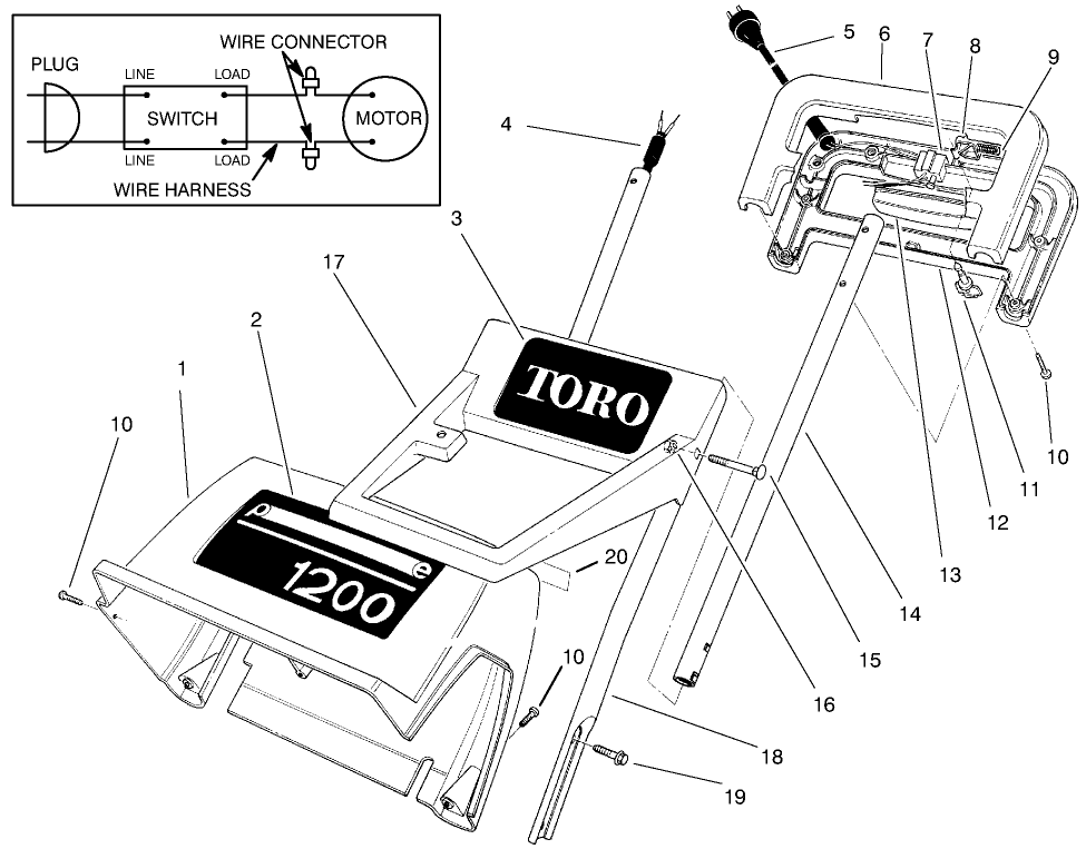Handle Assembly Diagram and Parts List for 38005 (7900001 - 7999999)(1200) Lawn Boy Snow Blower